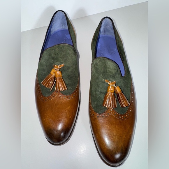 CERBERO ITALY NANO TASSEL LEATHER BROWN/GREEN LOAFERS MENS SIZE 8 - Picture 3 of 12